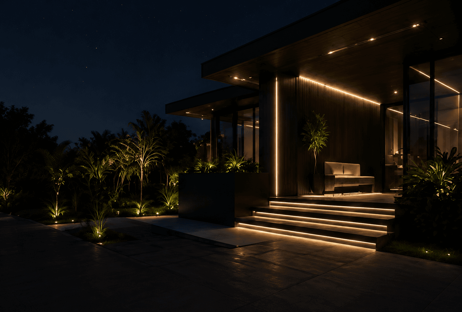 Modern building illuminated at night